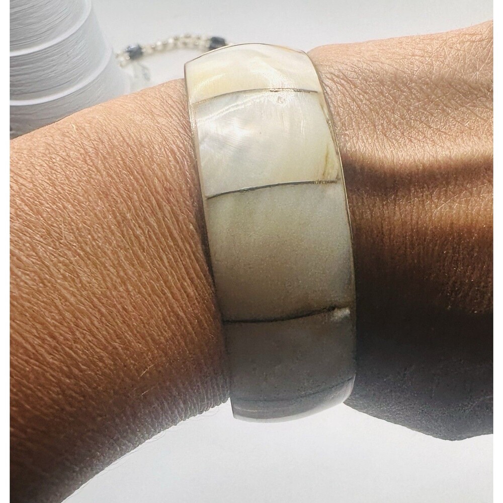 Vintage Mother of Pearl Shell Inlay Bangle Bracelet Wide Cream Brass Boho